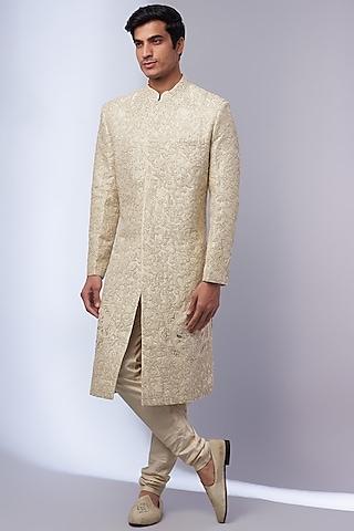 ivory & gold wool silk embroidered sherwani
