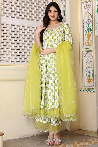 ivory & green cotton block printed anarkali set