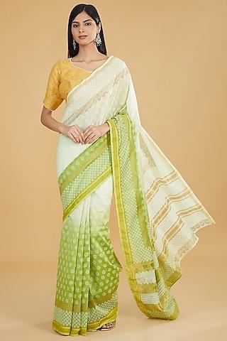 ivory & green ombre chanderi saree set