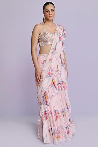 ivory & light pink georgette floral printed pre-draped ruffled saree set