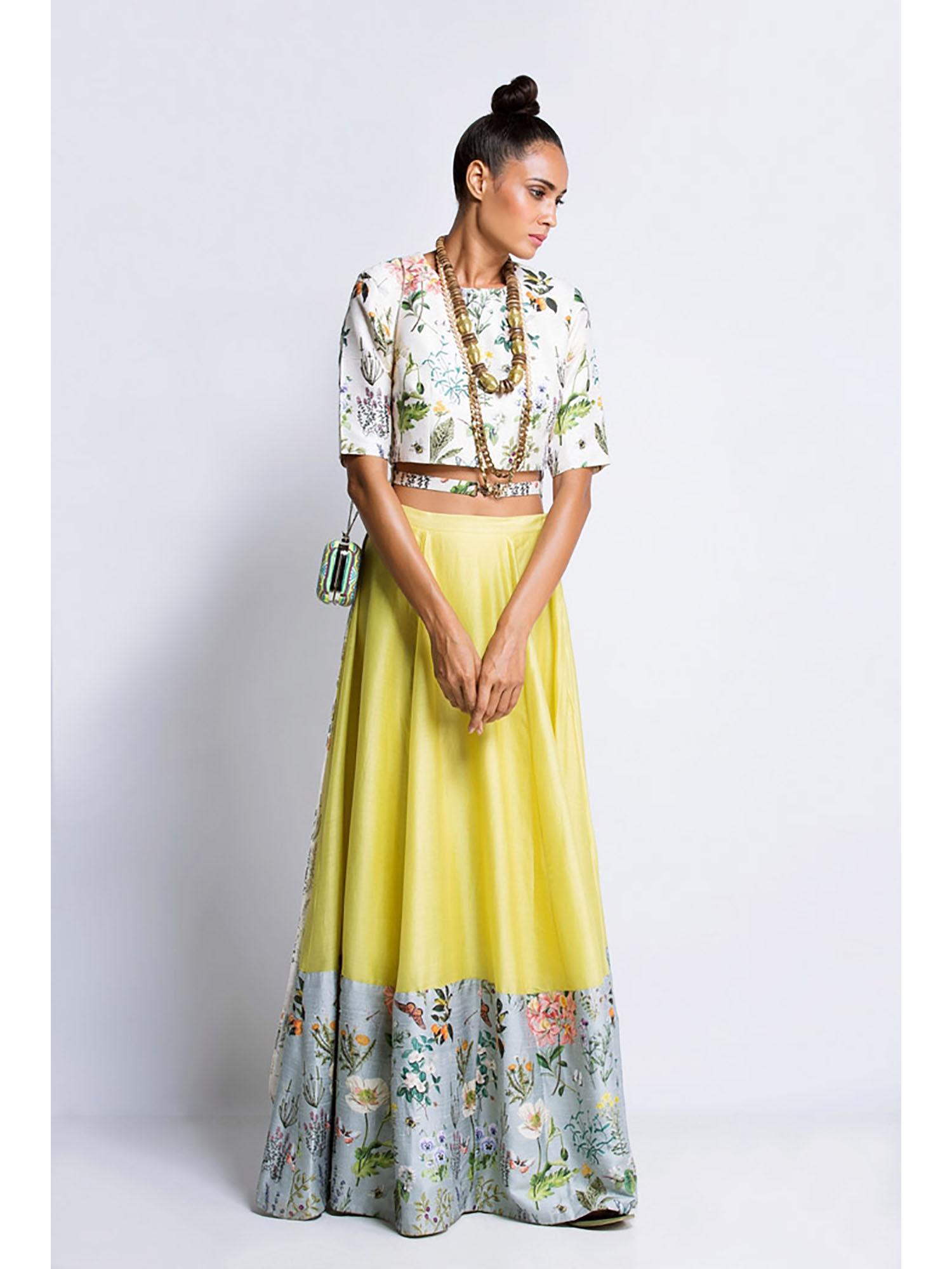 ivory & lime printed lehenga set (set of 2)