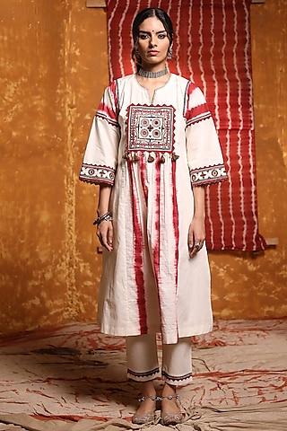 ivory & maroon cotton embroidered kurta set