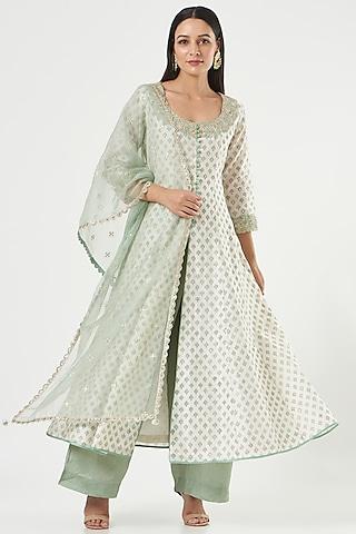 ivory & mint green kurta set with embroidery