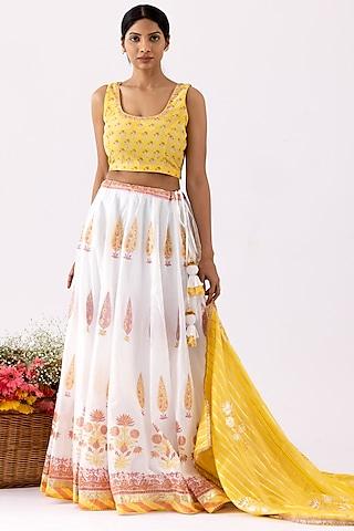 ivory & mustard yellow printed lehenga set