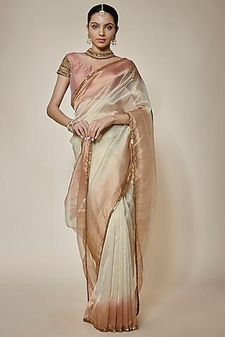 ivory & nude pink tissue organza sequins embellished saree set