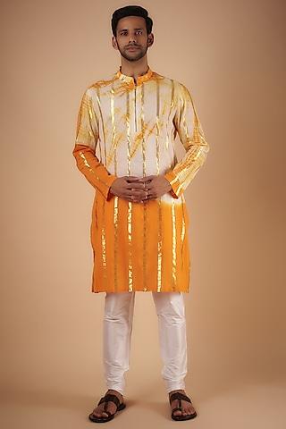 ivory & orange cotton lurex printed kurta set