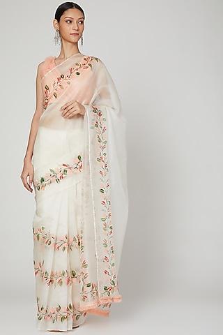 ivory & peach ruffled saree set