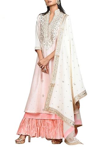 ivory & pink embroidered kurta set