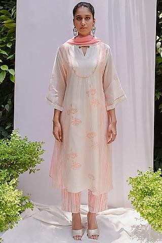 ivory & pink striped kurta set