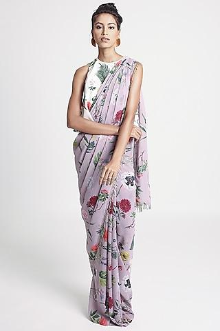 ivory & purple crepe floral printed saree set