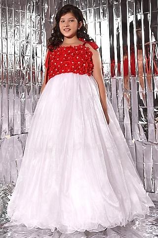 ivory & red butterfly net floral gown for girls