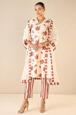 ivory & red chanderi printed kurta set