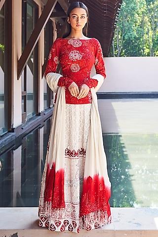 ivory & red chikankari lehenga set