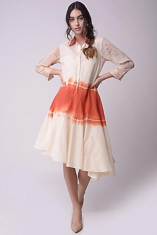 ivory & rust brown ombre printed flared shirt dress