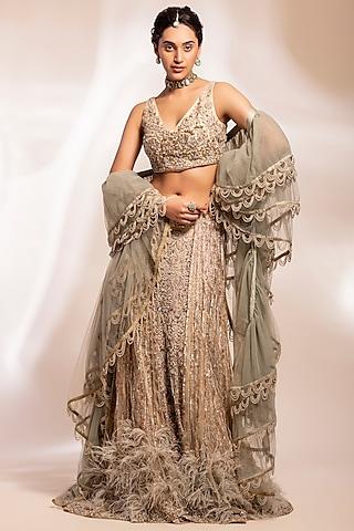 ivory & sage green silk georgette zardosi lehenga set