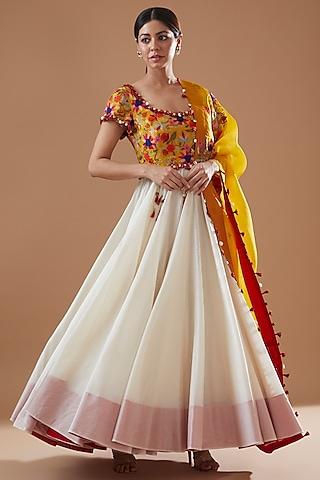 ivory & yellow chanderi embroidered anarkali set