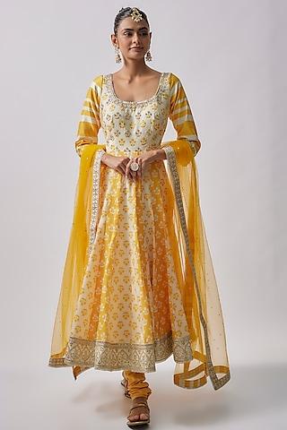 ivory & yellow dola silk printed anarkali set