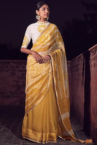 ivory & yellow saree set with floral print