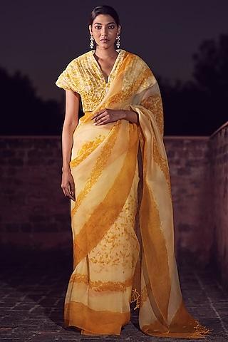ivory & yellow saree set with hand embroidery