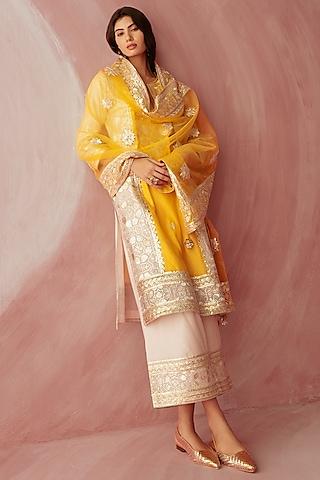 ivory & yellow silk chanderi color-blocked kurta set