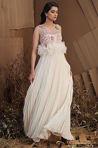 ivory 3d embroidered pleated gown