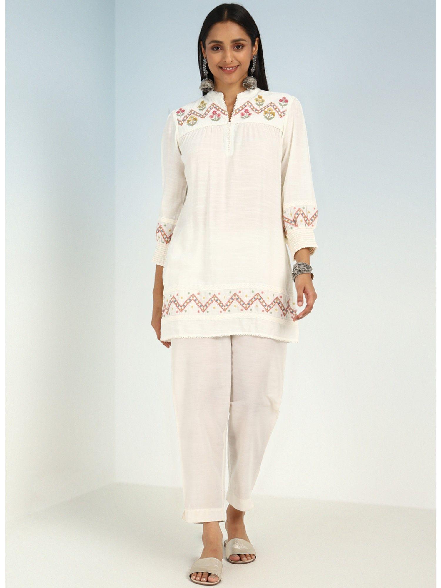 ivory a line rayon kurti with embroidery and smocking