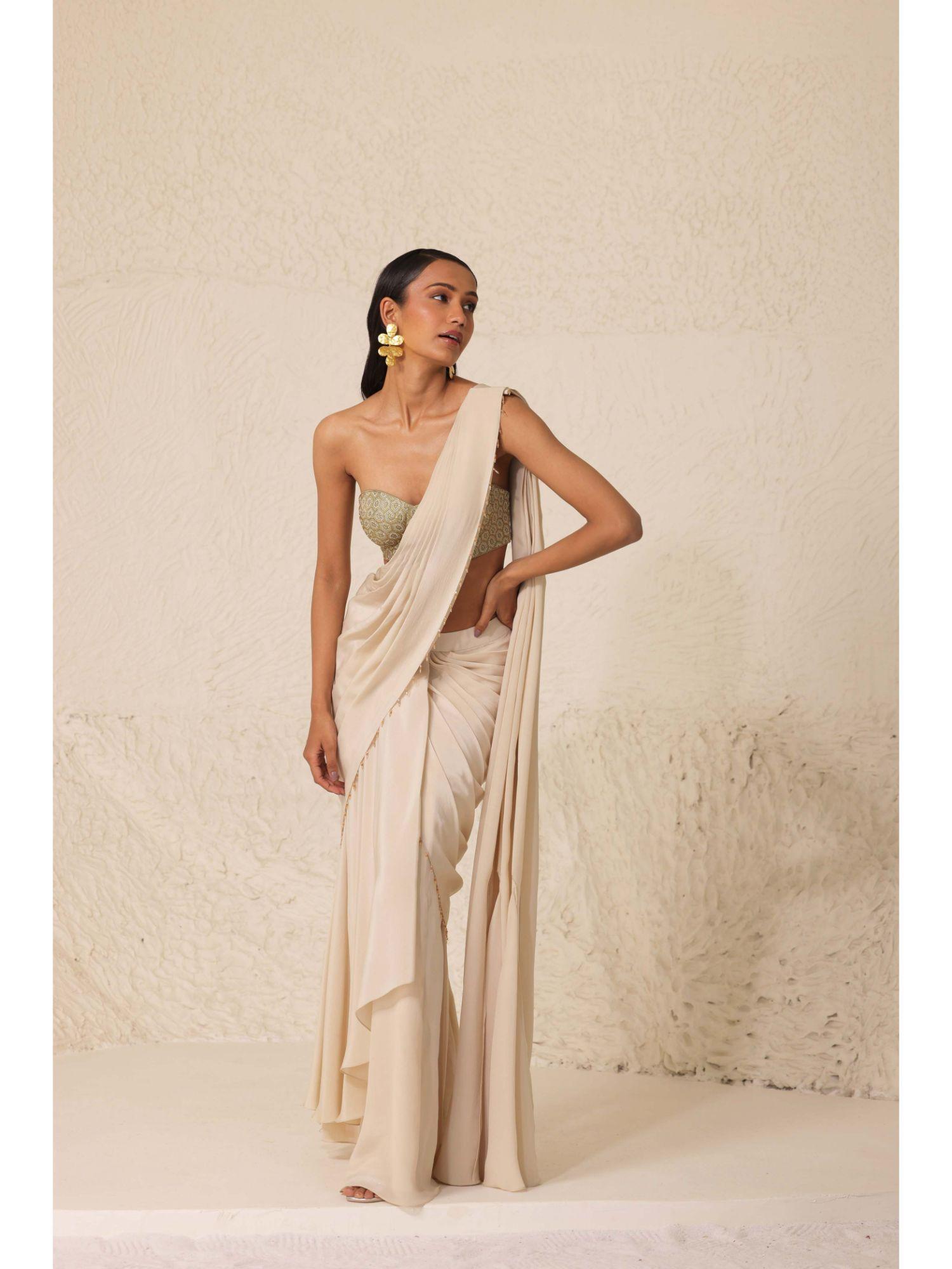 ivory alabaster saree with stitched blouse