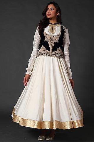 ivory anarkali set with black embroidered koti