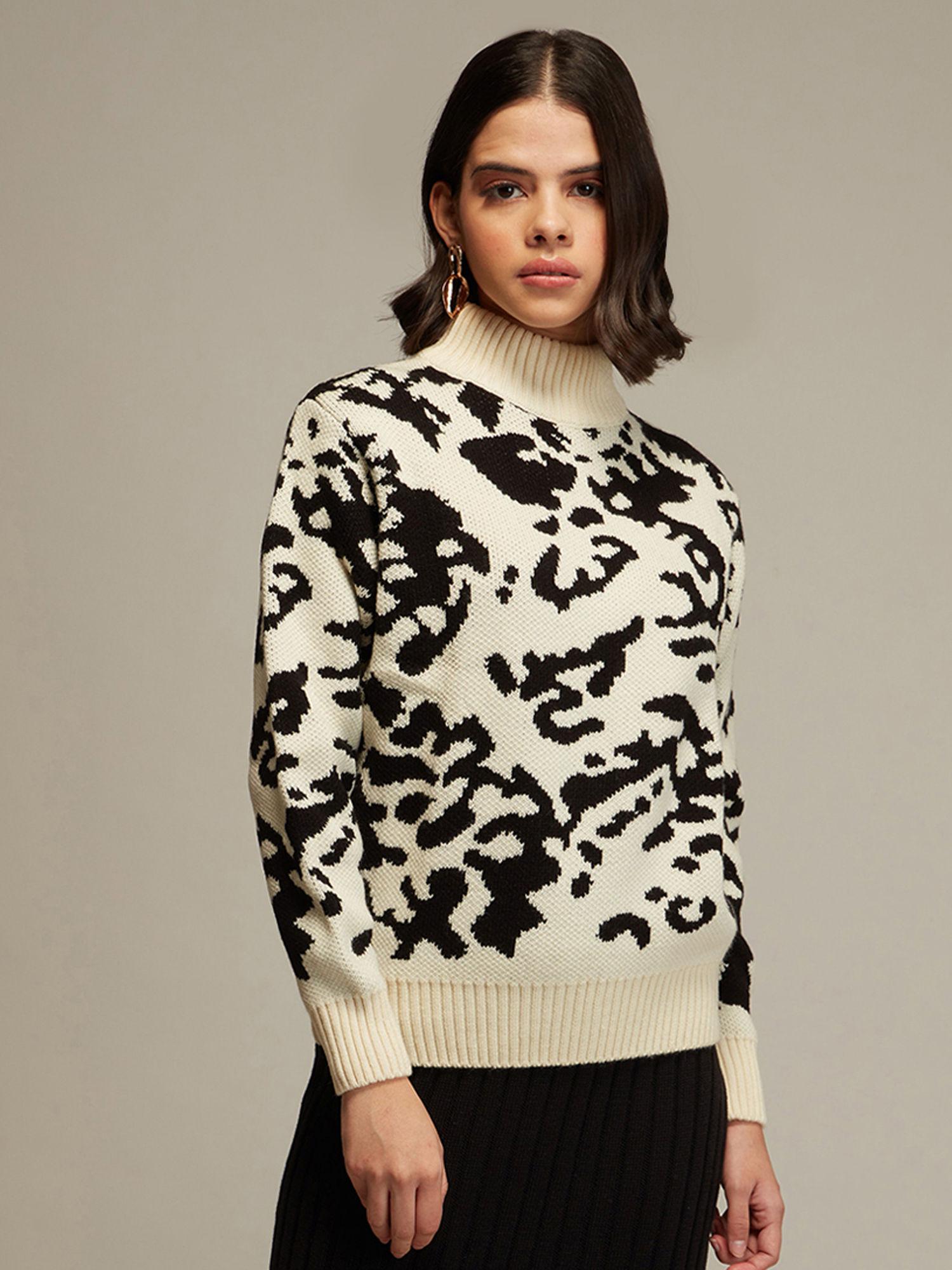 ivory and black abstract jacquard turtle neck sweater