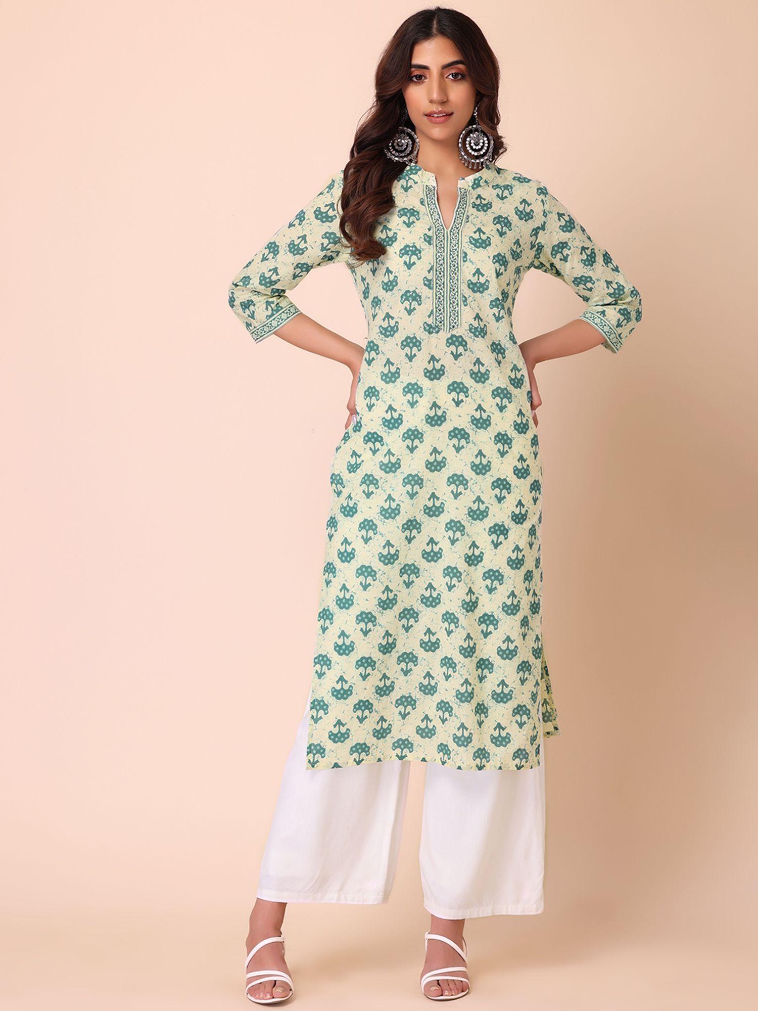 ivory and blue batik print cotton kurta