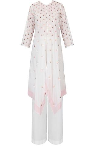 ivory and pink badla work asymmetric kaftan with wide leg pants