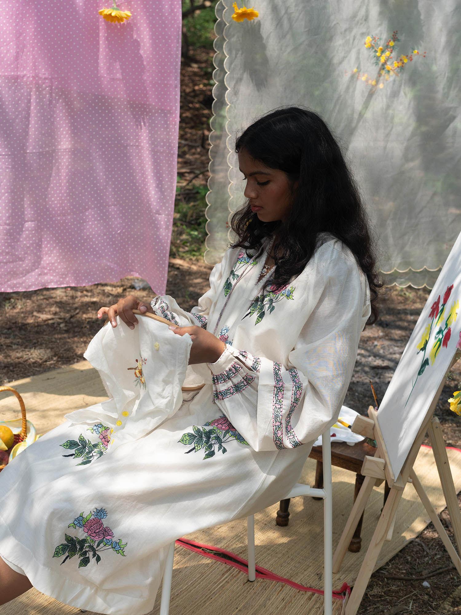 ivory and pink chanderi silk dress