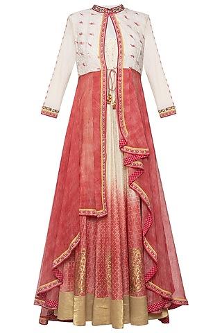 ivory and red anarkali gown with jacket