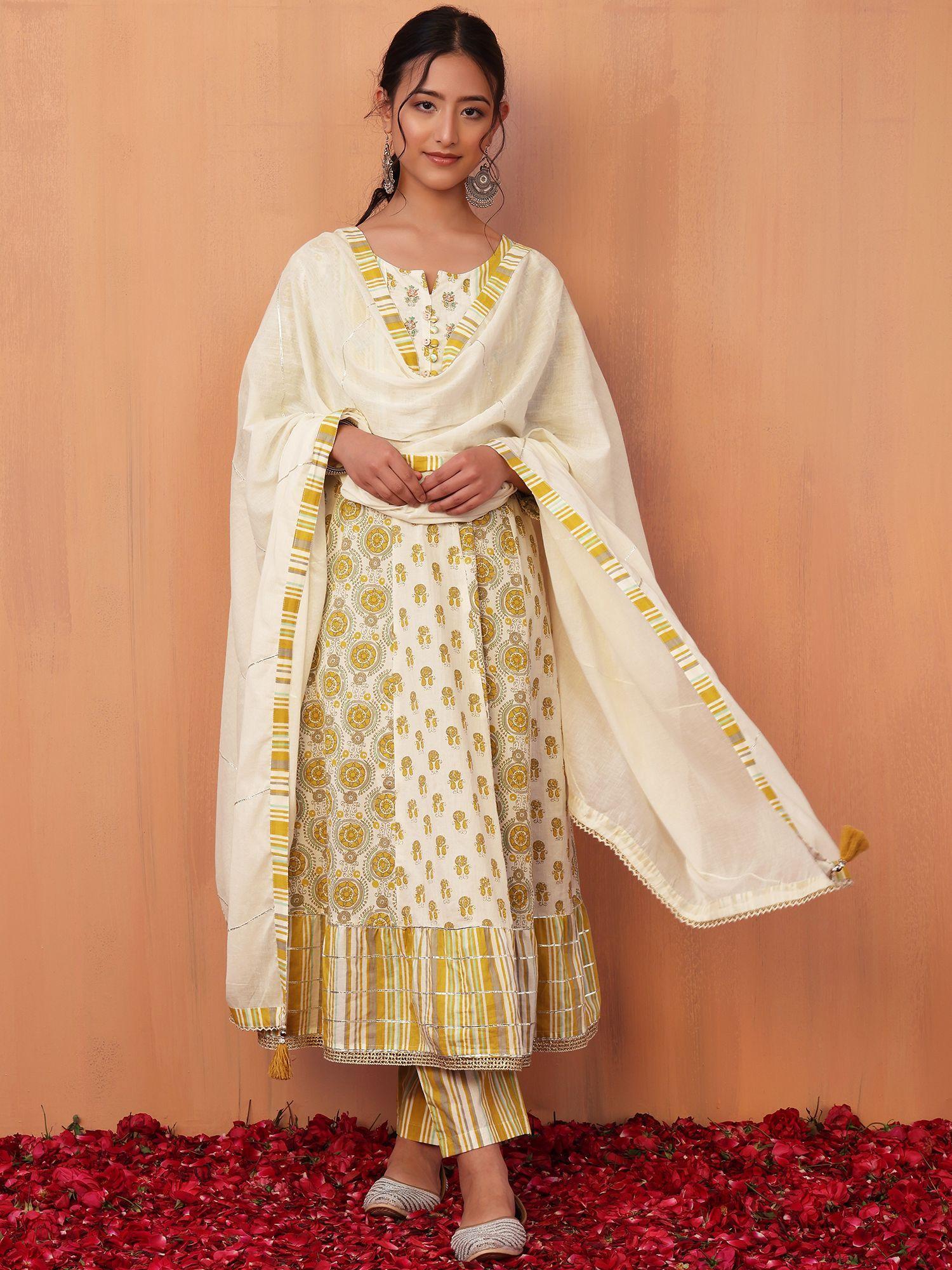ivory and yellow printed cotton anarkali kurta with pants & dupatta (set of 3)