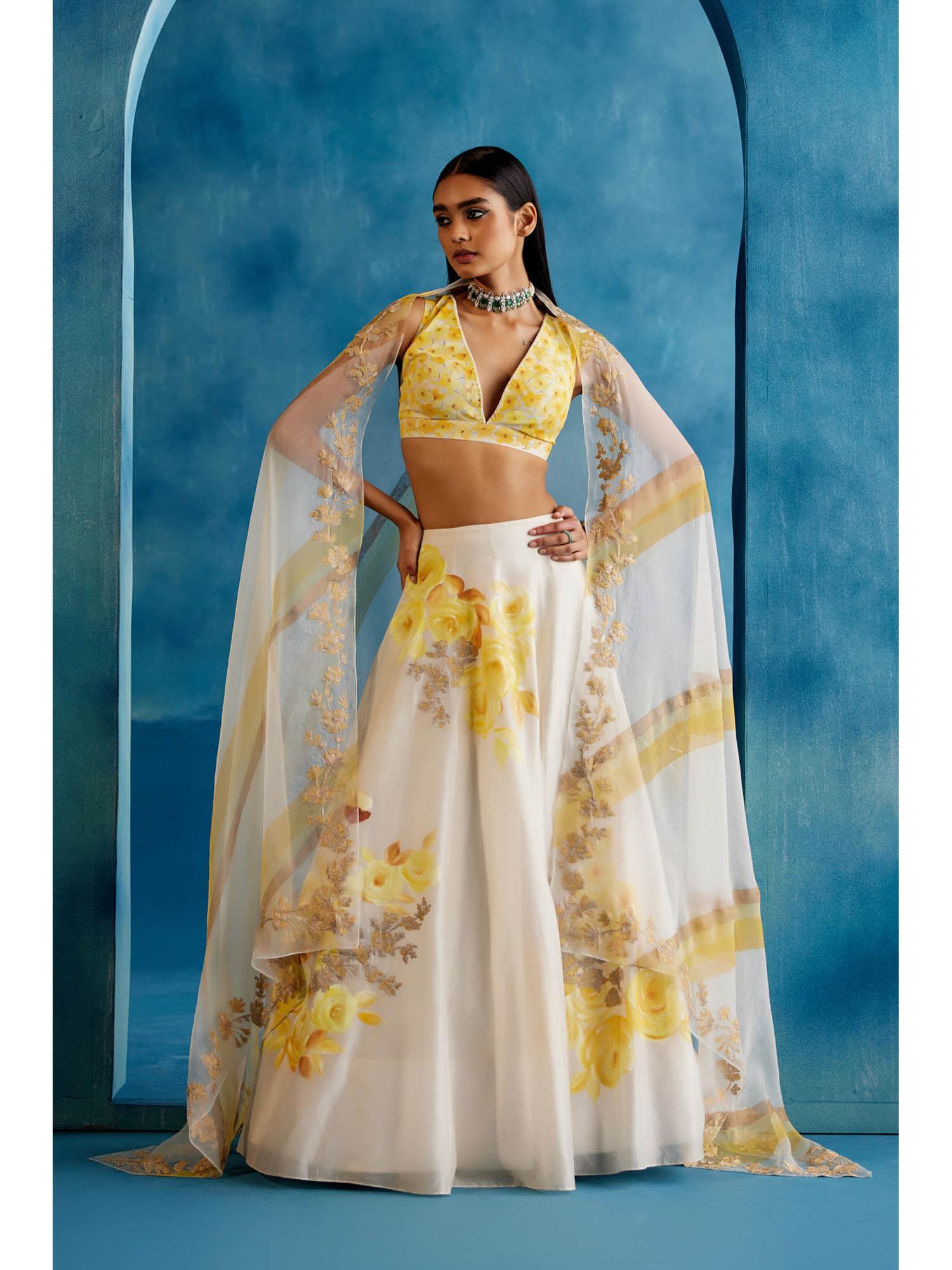 ivory and yellow silk chanderi hand painted embroidered lehenga (set of 3)