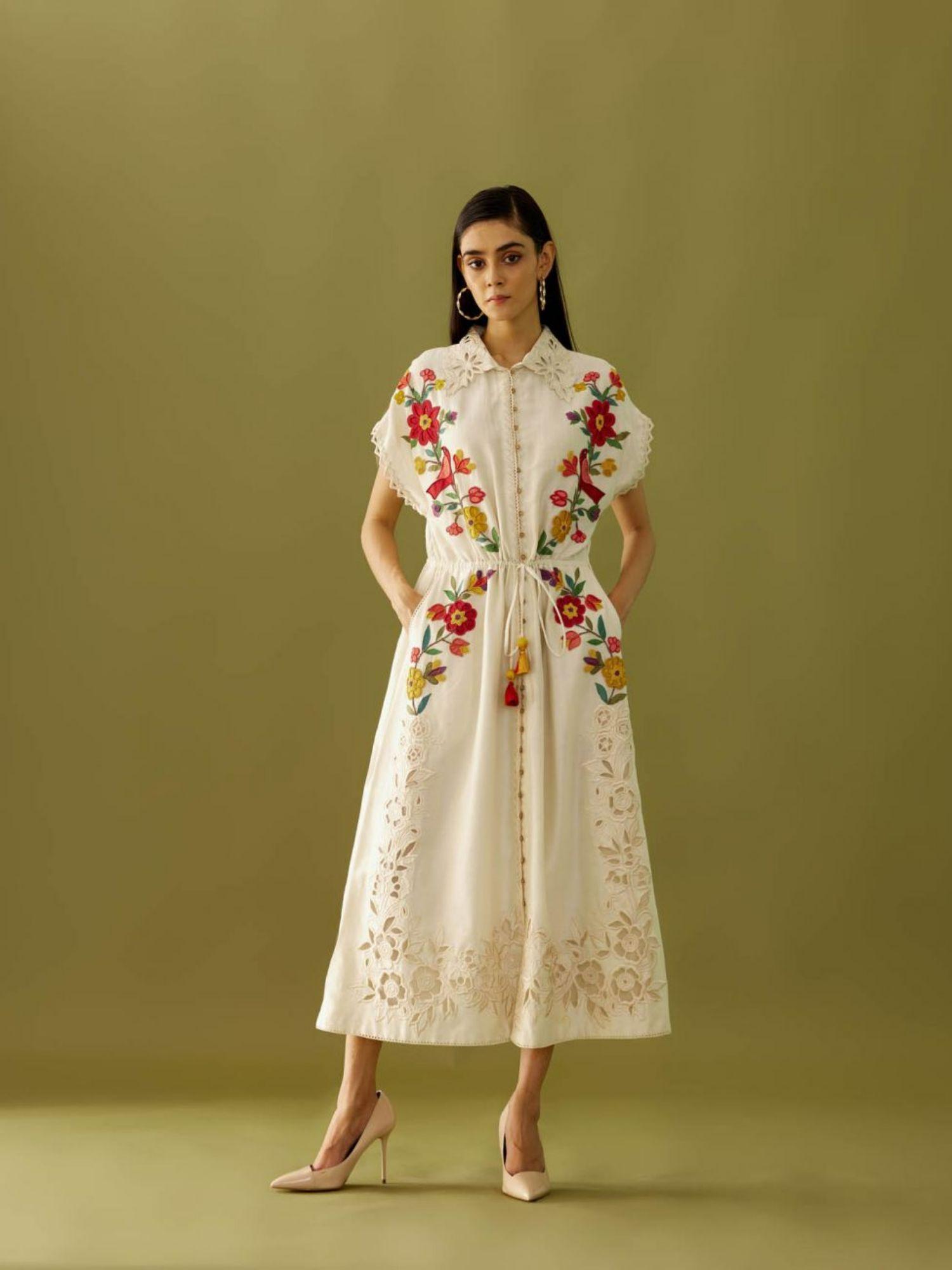 ivory applique beadwork and cutwork shirt dress