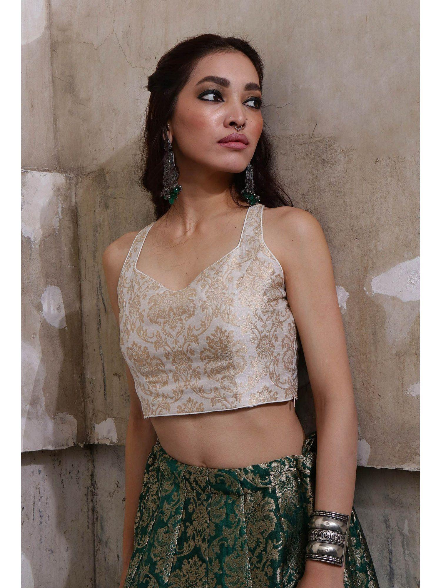 ivory banarasi jacquard crop top with tassels