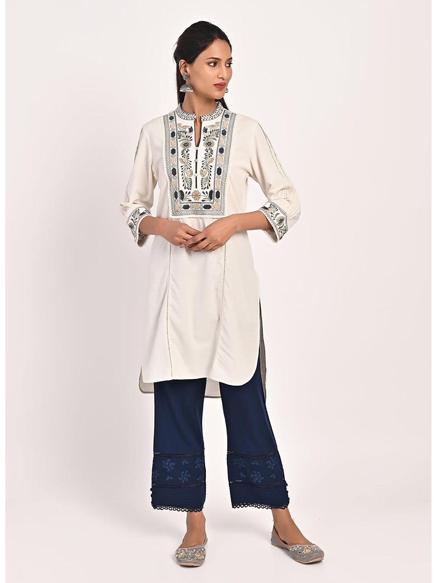 ivory band collar tunic with front yoke embroidery