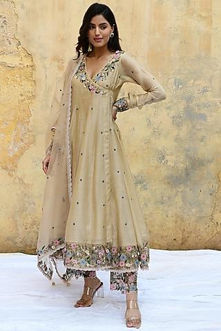 ivory beige pure handwoven banarasi silk & bemberg embroidered anarkali set