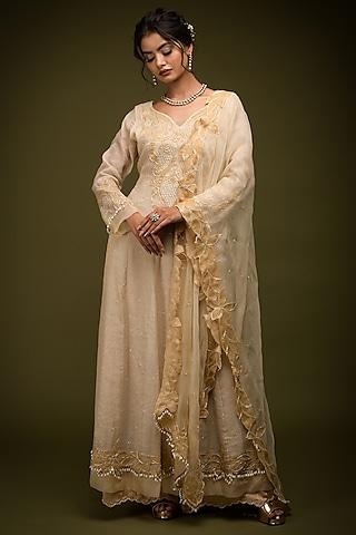 ivory-beige tissue chanderi resham embroidered anarkali set