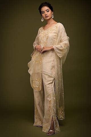 ivory-beige tissue chanderi resham embroidered kurta set