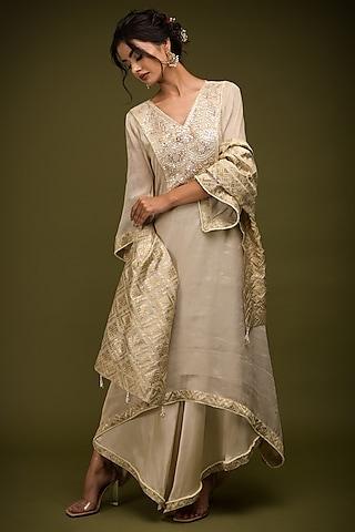 ivory-beige tissue georgette mirror embroidered kurta set