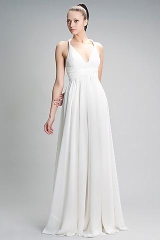 ivory belted gown with v-neckline