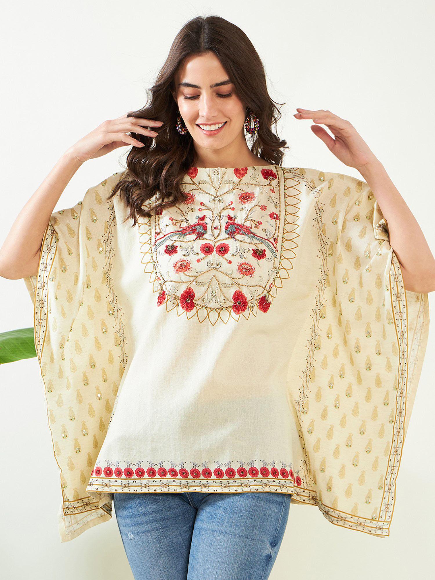 ivory blossom artistic hand embroidered kaftan top