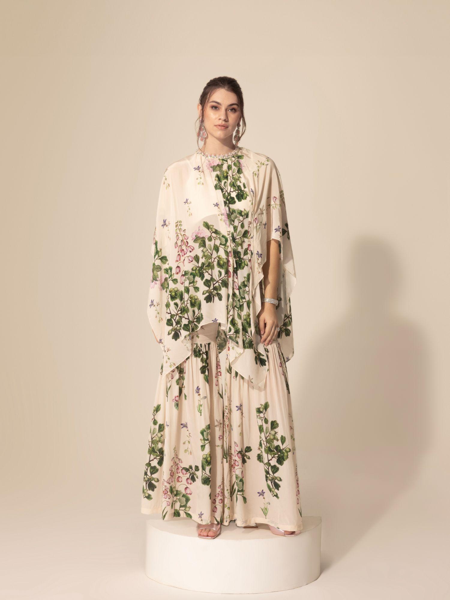 ivory botanical asymmetric top with sharara (set of 2)