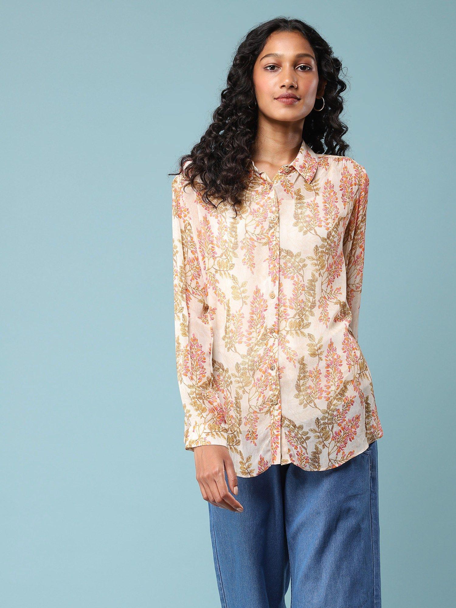 ivory botanical print shirt with inner (set of 2)