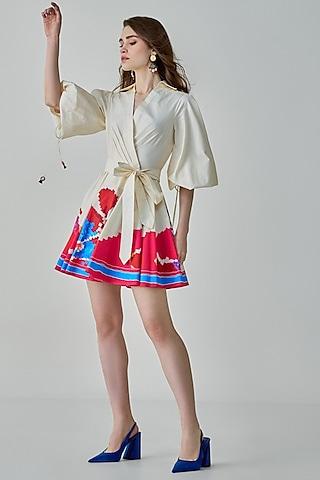 ivory cambric & poplin ikat printed wrap style mini dress