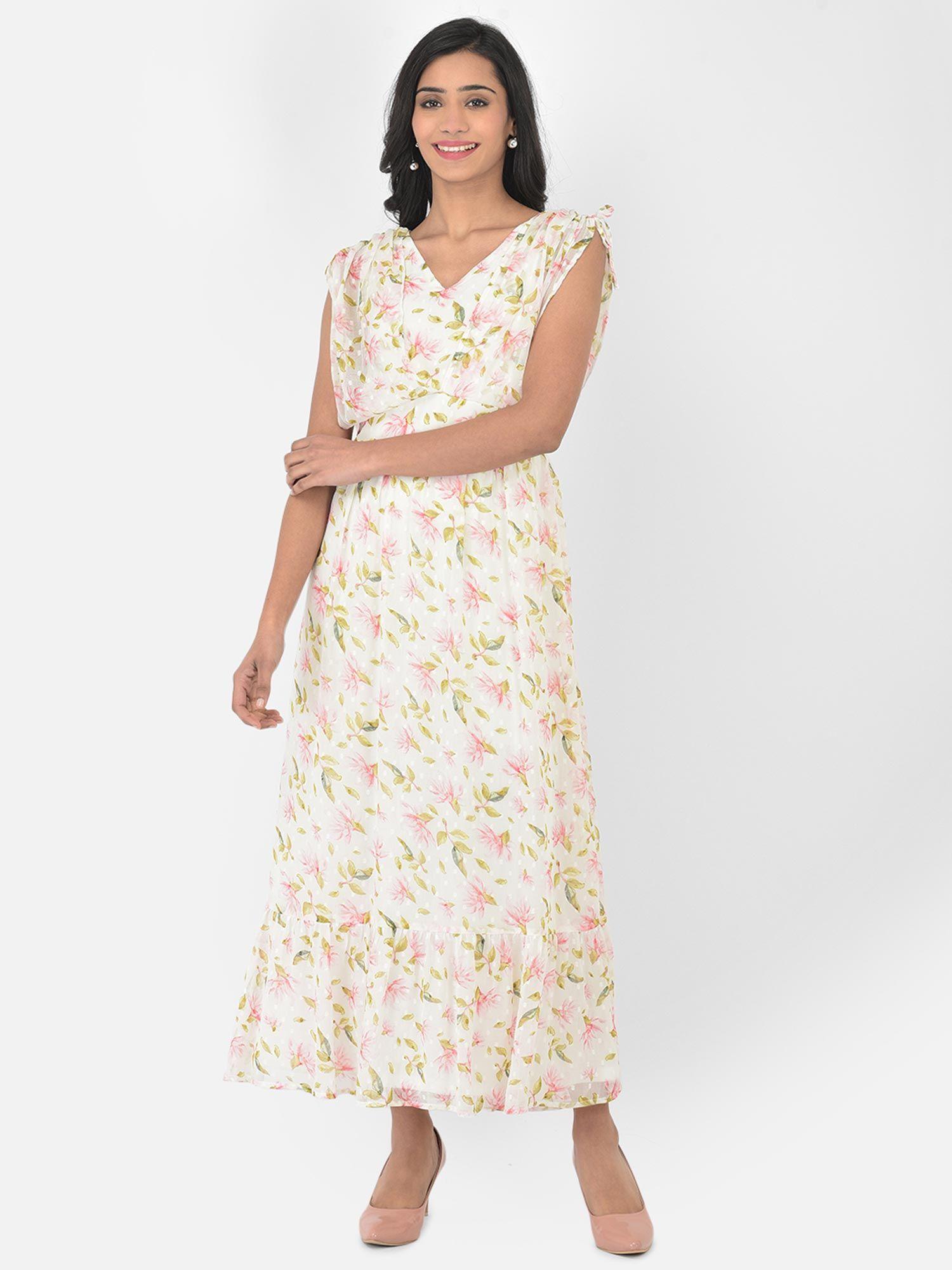 ivory cap sleeve swiss dot printed maxi dress