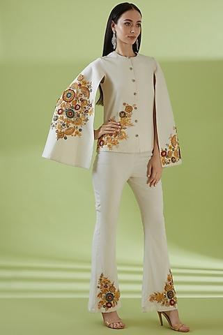 ivory chanderi & silk hand embroidered cape jacket set