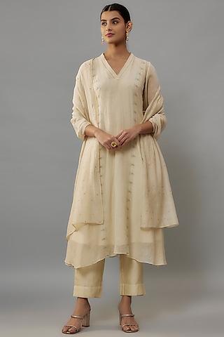 ivory chanderi aari & resham embroidered a-line kurta set